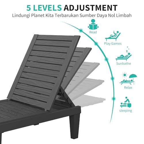 NBYSGO Patio Chaise Lounge Set of 2, 5-Position Adjustable Reclining Patio Lounge Chairs with Wood Grain Finish, All-Weather Resin Pool Lounge Chairs for Garden Deck Backyard (Black) - Thumbnail 4