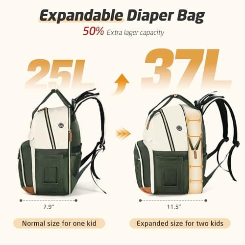 Tonyeee Diaper Bag Backpack - Extra Large Diaper Bag for 2 Kids Twin, Travel Baby Bags for Mom Dad 25-37L Expandable with Changing Pad Earphone Hole, Apricot Green - Thumbnail 2