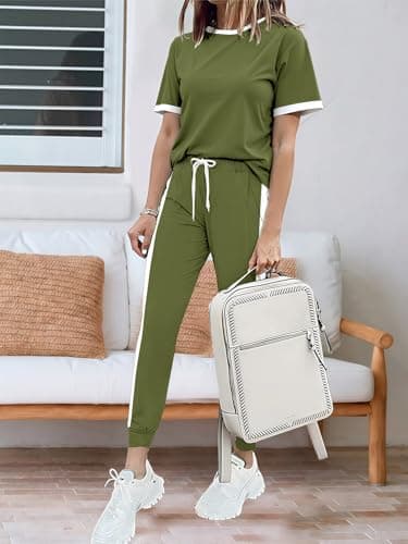 KBKBSN Women 2 Piece Outfits 2026 Summer Casual Sweatsuits Short Sleeve Top Lounge Sets Long Pants Tracksuits Set with Pocket Armygreen S - Thumbnail 3