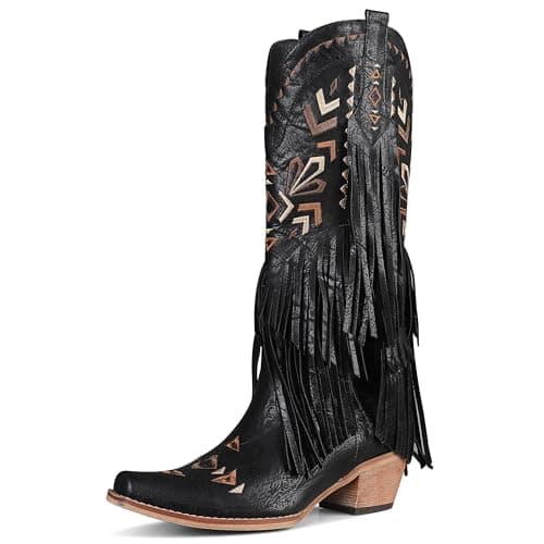 SaraIris Women's Black Cowgirl Boots Knee High Boots Fringe Boots Tassel Boots Western Boots Pointed Toe Boots Cowboy Boots for Women - Thumbnail 3