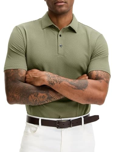 JEMLDL Men's Business Casual Polo Shirts Super Stretch Breathable Jacquard Short Sleeve Golf Shirts Olive XXL - Image 1