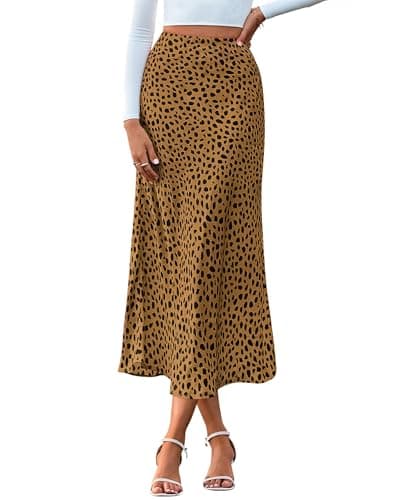 BTFBM Satin Skirts for Women Trendy Spring Summer 2026 High Waisted Leopard Print Cocktail Wedding Long Silk Midi Skirt(Dot Brown Black, Medium) - Image 1