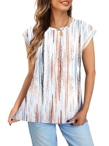 NORACORA Printed Tops for Teachers School Outfits Cap Sleeve Shirts for Women Spring Summer 2026 Fashion Clothing Trendy Shirt Early Fall Fashion Tie Dye Brown/Blue S - Thumbnail 5