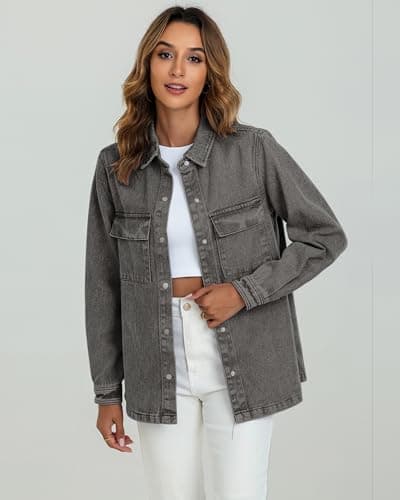 luvamia Womens Shacket Jacket Jeans Jacket For Women Fashion Gray Jean Outfits For Womens 2025 Oversized Button Down Shirts Fall Jackets For Womens Button Down Shirt Size XX-Large Size 20 22 - Thumbnail 3