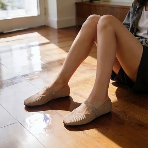 CELNEPHO Brown Mary Jane Flats for Women Square Toe Ballet Flats Shoes Comfortable Dressy Knit Flats for Women Arch Support Slip On Washable Casual Office Shoes Black Size - Thumbnail 2
