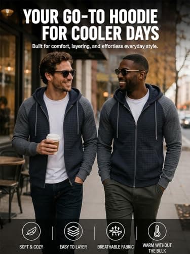 Men's Lightweight Waffle Knit Hoodie Drawstring Long Sleeve Sweatshirt Plaid Jacquard Zip Up Casual Jacket with Pocket - Thumbnail 6