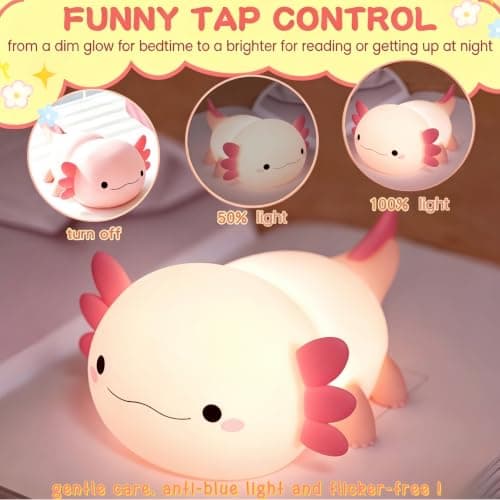 YR YRHH-PET Axolotl Lamp Kid Cute Night Light, Rechargeable Squishy Axolotl Gifts for Girls, Baby Touch Nightlight, Dimmable Silicone LED Animal Toys, Bedside Pink Lamp, College Nursery Kawaii Décor - Thumbnail 3