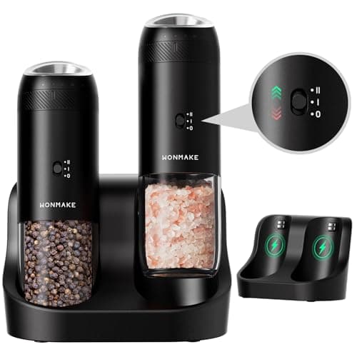 WONMAKE Gravity Electric Salt and Pepper Grinder Set with Charging Base, Automatic Salt and Pepper Mill, 6-Level Adjustable Coarseness, Dual Speed, and Large 5.95oz Capacity