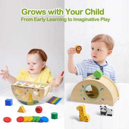 Humerry Montessori Busy Box for Toddlers 1-3, Wooden Object Permanence Coin Box with Shape Sorter & Animal Matching, Sensory Fine Motor Learning Toy with Wobble Base, Gift for 1 2 3 Year Old - Thumbnail 6