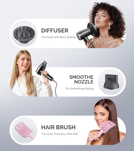 MelodySusie Hair Dryer with Diffuser, 1600W Fast Drying Low Noise Ionic Hair Dryer for Curly Hair with Diffuser,Nozzle and Hair Brush,120,000 RPM Blow Dryer Ideal for Women - Thumbnail 3