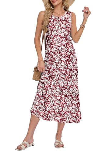 WNEEDU Women Summer Sleeveless Midi Dresses Button Front Sundress with Pockets(New RD S Floral,M) - Image 1
