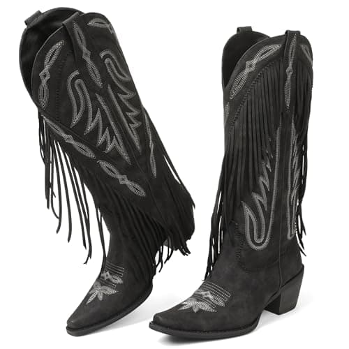 Grakihily Cowgirl Boots for Women Retro Pointed Toe Pull On Block Chunky Heel Embroide Tassel Country Concert Outfits Mid Calf Western Fringe Cowboy Boots,Black Suede Size 8 - Image 1