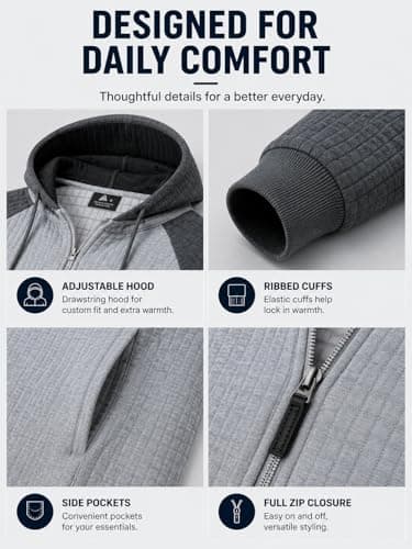 Men's Long Sleeve Hoodie Lightweight Warm Plaid Jacquard Sweatshirt Zip Up Casual Waffle Knit Jackets with Pocket - Thumbnail 5