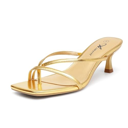 Athlefit Kitten Heels for Women Flip Flops Square Open Toe Strappy Thong Heeled Sandals Sexy Party Wedding Dress Shoes Gold Size 7 - Image 1