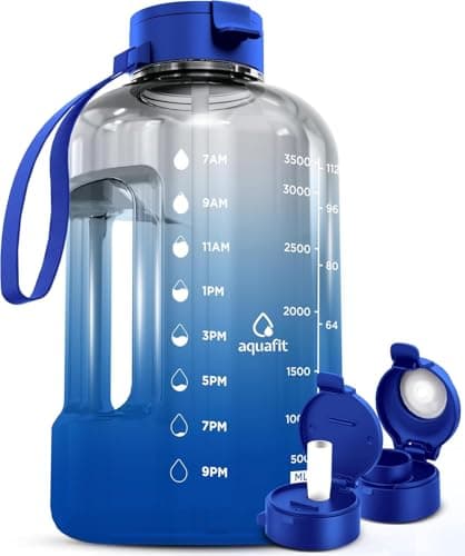 AQUAFIT 1 Gallon Water Bottle with Time Marker - Straw & Chug Lid - BPA Free Gym Water Bottle with Straw - Big Gallon Jug (Blue Skies, 128 oz - 2 Lids) - Image 1