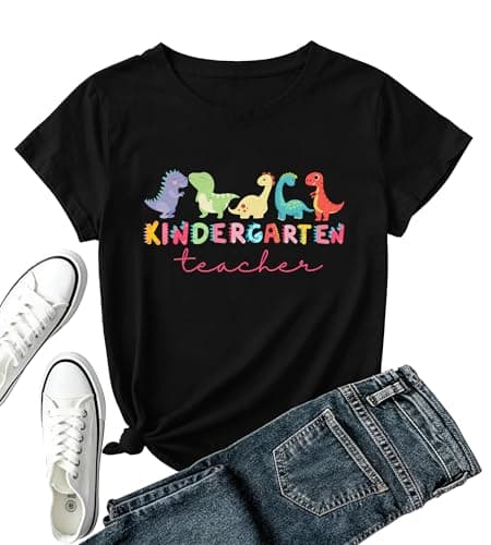 Kindergarten Teacher Shirt for Women-First Day of School Teacher Short Sleeve Cute Dinosaur Kindergarten Teach Tops B-Black - Image 1