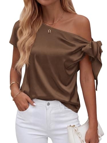 BTFBM Off The Shoulder Tops for Women Summer 2026 Short Sleeve Satin Blouse Shirts Silk Y2K Going Out Top Beach Vacation(Brown, Small) - Image 1