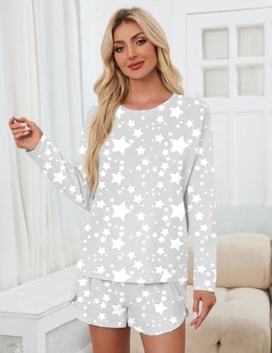 JUSTFASHIONNOW Pajamas for Women Set Shorts Star Print Lounge Set 2 Piece Outfits Comfy Long Sleeve Loungewear Matching Sleepwear Long Sleeve Top and Shorts Fall Winter (Grey, X-Large) - Thumbnail 3