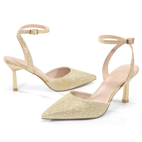 Athlefit Women's Closed Pointed Toe 3 Inch High Heels Ankle Strap Stiletto Heel Wedding Party Dress Pumps Shoes, Gold Glitter Size 9,SAPU2602W - Thumbnail 6