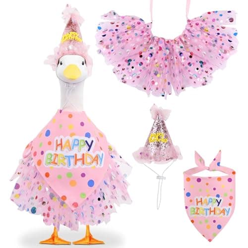 yuboo Pink Birthday Porch Goose Outfit, Tulle Skirt, Glitter Hat & Bandana – Fits 17" to 23" Cement Plastic Lawn Geese – Spring Easter Garden Decor Statue Clothes - Image 1