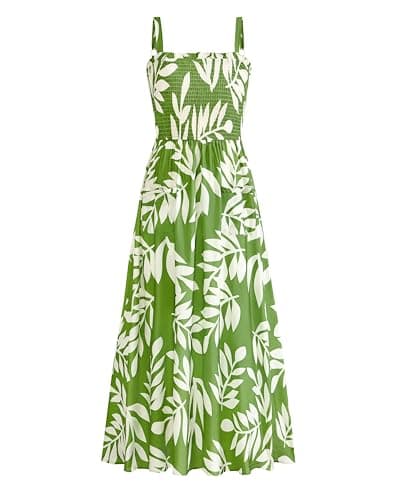PRETTYGARDEN Womens Summer Dresses 2026 Casual Spaghetti Strap Ruffle Smocked Flowy Floral Spring Maxi Dress with Pocket(Leaves Light Green,Medium) - Image 1