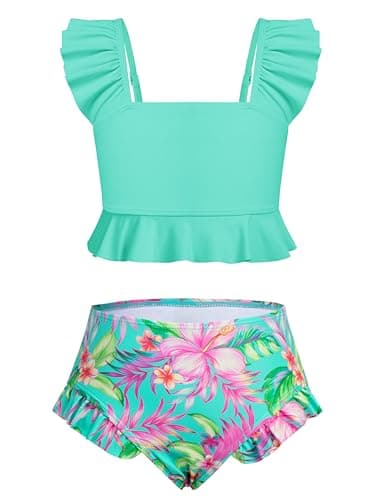 XiaoMoSha Girls Two Piece Swimsuits Ruffled Kids Bikini Sets Adjustable Straps Cute Bathing Suits for Tween Beach Swimwear Size 9 10 9-10 Green Flowers - Image 1