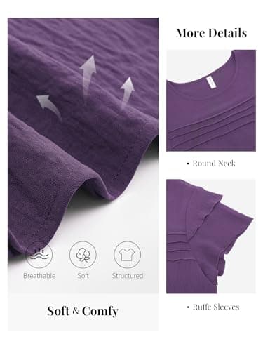 Funlingo Blouses for Women Dressy Casual Short Ruffle Sleeve Crew Neck Tops Summer Flowy Pleated Shirts Business Office Work Clothes Purple XL - Thumbnail 5