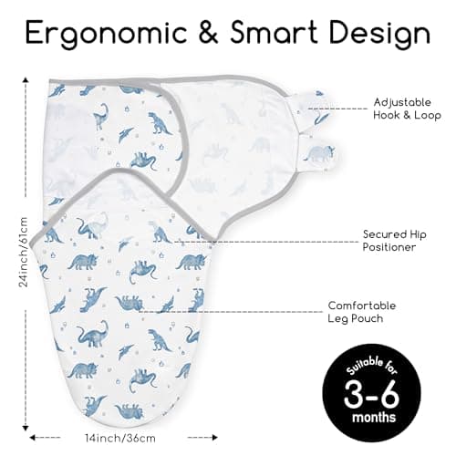 CIVARUA KIDS Baby Swaddles for Newborn Organic Cotton,Soft & Snug Newborn Velcro Swaddle 3-6 Months Sleep Sack Helps Calm Startle Reflex, 2-Pack Wrap Nursery Swaddling Blankets Blue Dinosaur - Thumbnail 2