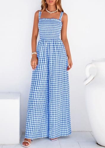 PRETTYGARDEN One Piece Jumpsuits for Women Casual Summer Cruise Outfits 2026 Spring Fashion Smocked Wide Leg Gingham Rompers (Blue,XX-Large) - Thumbnail 2