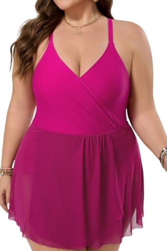 COCOPEAR Plus Size Swimsuit for Women Swim Dress Skirt Tummy Control Swimsuits V Neck Swimwear Adjustable Shoulder Straps Rose Red - Image 1