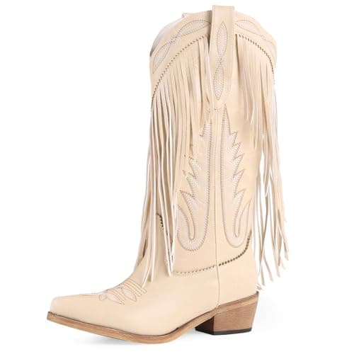FancyQueen Cowboy Boots for Women Mid Calf Embroidered Cowgirl Boots Western Chunky Heel Pointed Toe country boots for women Pull On - Image 1