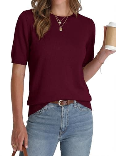 BTFBM Summer Tops Short Sleeve Sweater for Women Crew Neck Lightweight Knit Pullover Loose Dressy Casual Blouse Clothing(Burgundy, Small) - Image 1