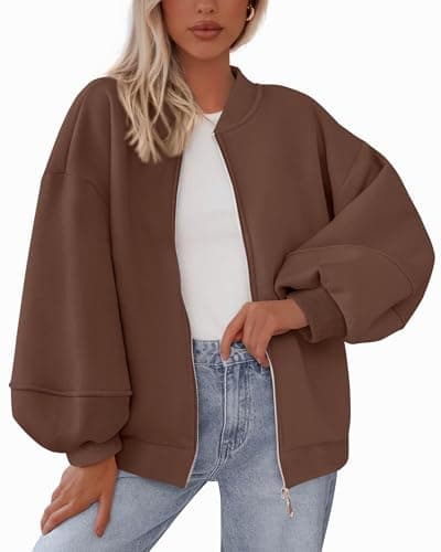 KIRUNDO Oversized Sweatshirt for Women Zip Up Bomber Jacket 2026 Fall Fashion Casual Long Sleeve Outerwear Winter Outfits(Dark Brown, Large) - Image 1