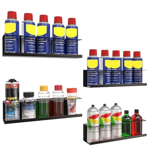 Riciakik 4 Pack Wall-Mounted Spray Bottle Holder, Aerosol Spray Can Holder Storage Rack, Heavy-Duty Paint Bottle Organizer With 20 Holes, Steel Black Spray Rack for Garage, Shop, Home or Tool Trailer