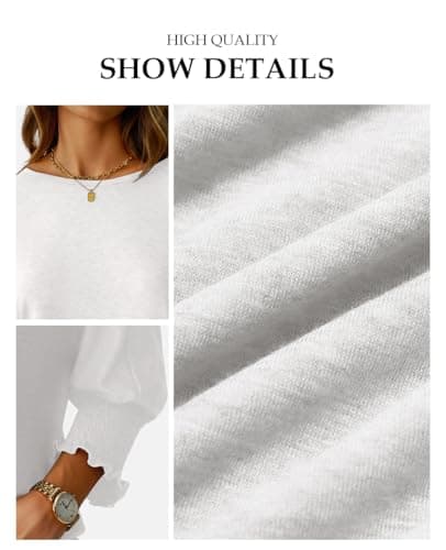 NORACORA Women's 3/4 Sleeve Tops Loose Fit Shirts Dressy Casual Crew Neck T Shirts for Women Basic Tees Shirt with Smocked Cuffs 2025 Fall Fashion Blouse White S - Thumbnail 5