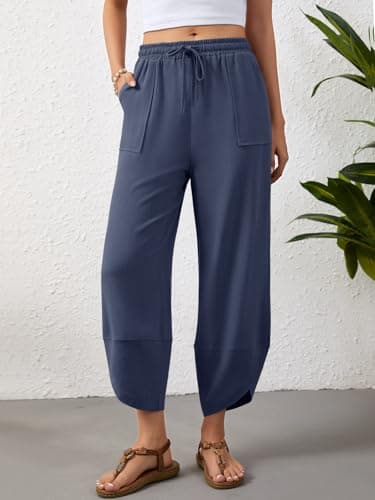 Jiflora Wide Leg Capri Pants for Women Linen Cropped Flowy Pants Elastic Waist with Pockets Boho Outfits Navy Blue L - Thumbnail 2