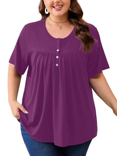 AusLook Plus Size Tunic Tops for Women Pleated Babydoll Blouse Short Sleeve Round Neck Loose Fit Casual Flowy Purple 5X Tunic Shirts Summer Tops to Wear with Leggings - Image 1