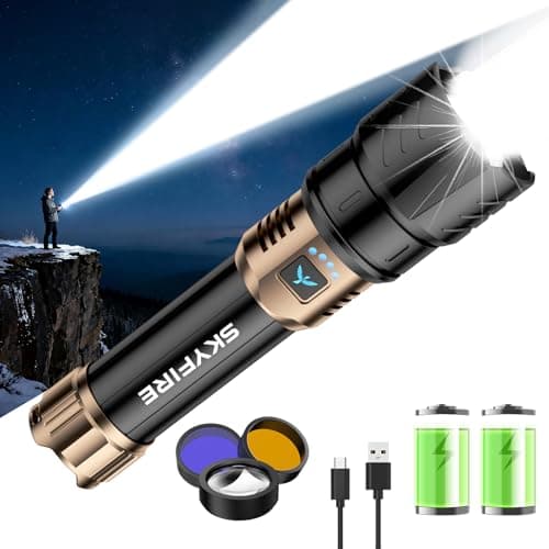 SKYFIRE Rechargeable Flashlights High Lumens with Ignition Lens &3 Colors Light,10000mAh LED Super Bright Flashlight, Zoomable,4Modes,Waterproof Tactical Flash Light for Outdoor,Home &Gift