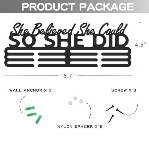 Bliocefo Medal Holder Hanger Rack Display Storage Steel Wall Mounted Fame Black Metal Sports Marathon Running Soccer Gymnastics Large-capacity Medals Sturdy Wall Decor She Believed She Could (15.7") - Thumbnail 2