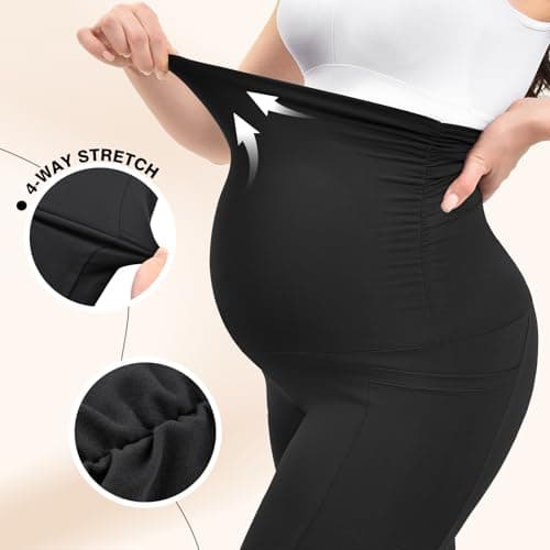 Ipletix Maternity Capris Leggings with Pockets Over The Belly, Yoga Workout Pants for Pregnancy & Postpartum Black M - Thumbnail 4