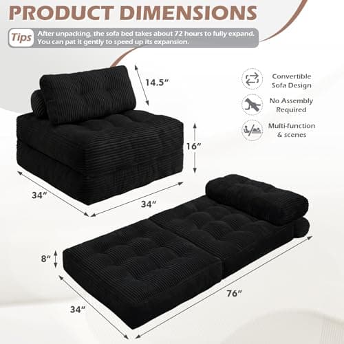 SIMFLAG Folding Sofa Bed, Convertible Sleeper Chair with Pillow & Handle, Foldable Mattress Futon Chair Bed Lounge with Back Support, Comfy Floor Sofa for Living Room Bedroom, Black, Single - Thumbnail 2