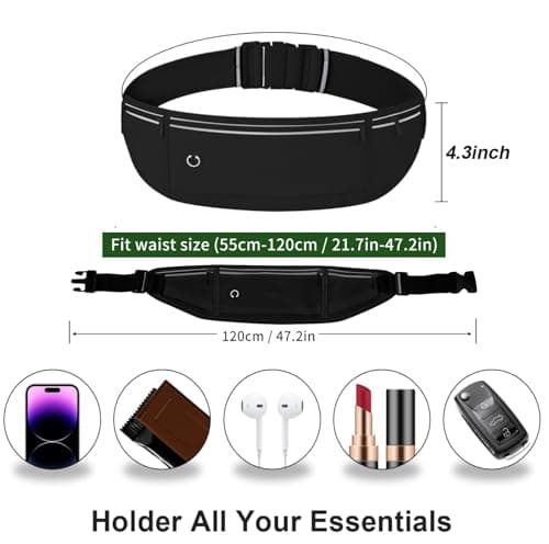 Slim Running Belt Fanny Pack for Men Women, Adjustable Running Phone Holder with 3 Pockets, Reflective Fitness Fanny Pack for Phones up to 7.2 inch, Water Resistant Sports Waist Bag, Black - Thumbnail 2