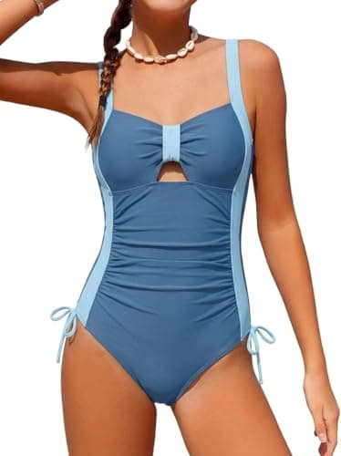NikNio Girl Swimsuit One Piece Bathing Suit for Girls Color Block Bow Accented Ruched Adjustable Straps Swimwear Blue 9-10 Years - Image 1