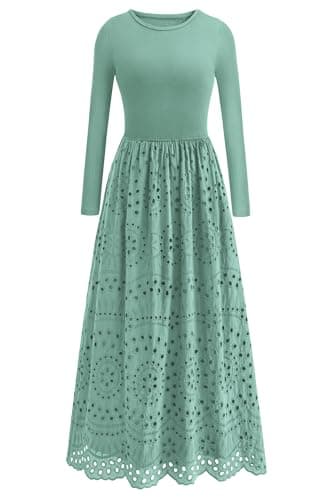 dowerme Women Spring Dresses 2026 Casual Long Sleeve Crewneck A-Line Boho Eyelet Cotton Maxi Wedding Guest Dress Pockets(Light Green,XX-Large)