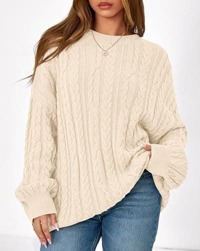 KIRUNDO Oversized Chunky Cable Knit Sweater Women 2026 Fall Fashion Cozy Long Sleeve Crewneck Pullover Winter Clothing(Cream, Medium) - Thumbnail 5