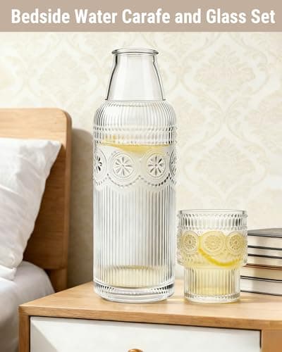 DmmyAlzx Bedside Water Carafe and Glass Set, 20.5oz Glass Pitcher with 6oz Tumbler Lid, Nightstand Water Container & Mouthwash Dispenser for Bedroom & Bathroom, Sunflower-Pattern - Thumbnail 5