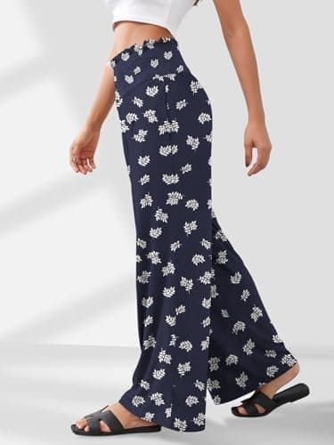 GEMLON Womens Wide Leg Pants High Waisted Palazzo Pants Flowy Lounge Trousers Boho Pants with Pockets Blue Print S - Thumbnail 3