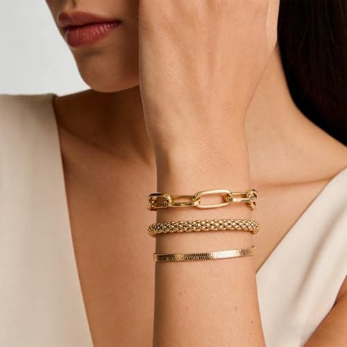 Alegend 14K Gold-Plated 3-Layered Bracelet Set - Chunky & Snake Chain Stackable Bracelets for Daily Wear - Thumbnail 4