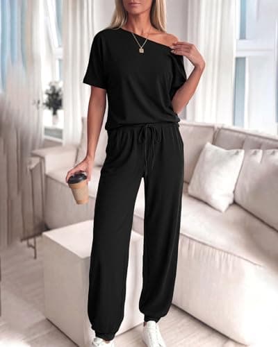 Zenlonr Women Summer 2 Piece Outfits 2026 Off Shoulder Short Sleeve Tops Elastic Waist Drawstring Long Pants Tracksuit(Black,X-Large) - Thumbnail 6