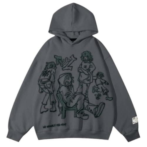 Aelfric Eden Mens Graphic Oversized Hoodie Cartoon Character Print Streetwear Casual hoodies y2k Hooded Sweatshirt Grey